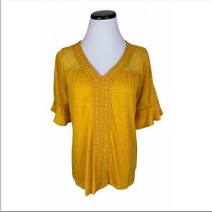 NWT Style & Co Ruffle Sleeve V-Neck Crochet Detail Blouse Top Yellow Gold XS